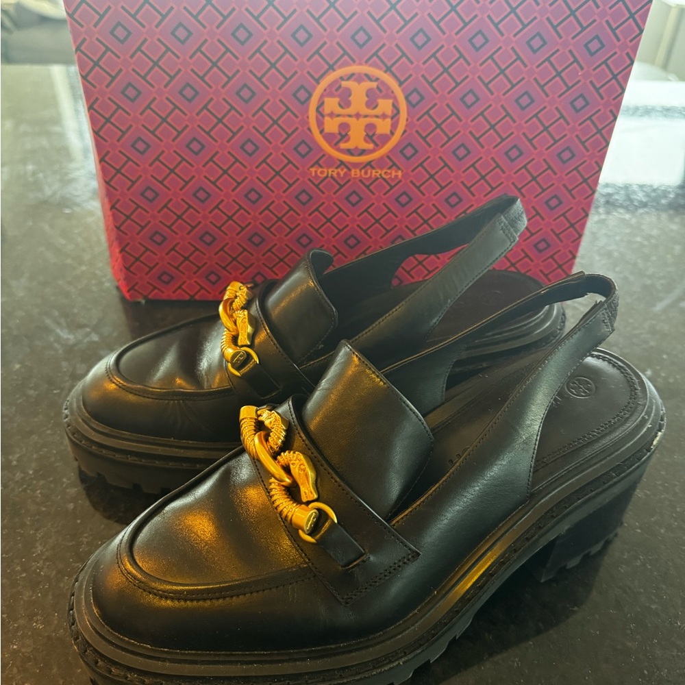 Tory Burch Black and Gold Loafers with Elegant Chain Detail- Jessa Lug Slingback
